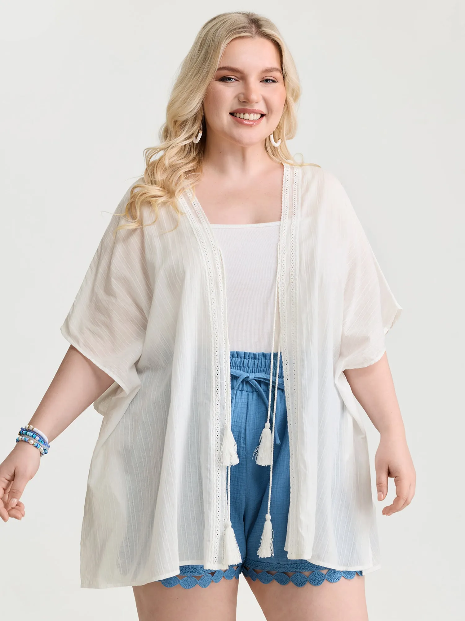 Pure Cotton Tassels Sheer Kimono sold by Bloomchic
