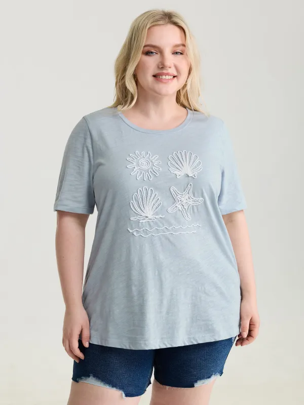 Pure Cotton Ocean Embroidered Stretchy T-Shirt made by Bloomchic