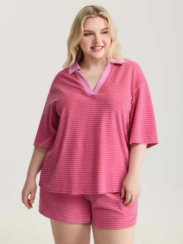 Striped Color Contrast Collar Terry Cloth Two-Piece Set made by Bloomchic