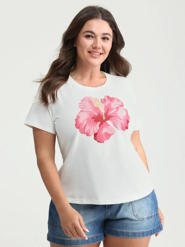 Cotton Bright Floral Print Crew Neckline T-Shirt made by Bloomchic