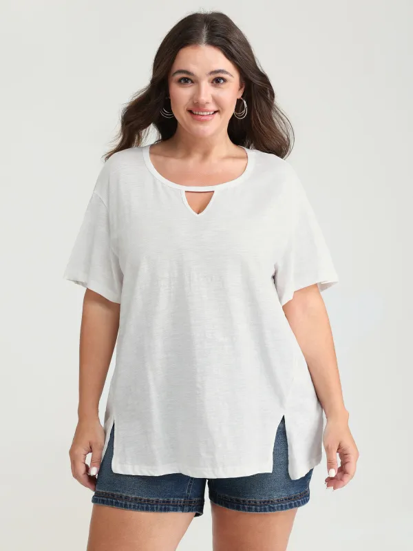 Pure Cotton Keyhole Neckline Flowy T-Shirt made by Bloomchic
