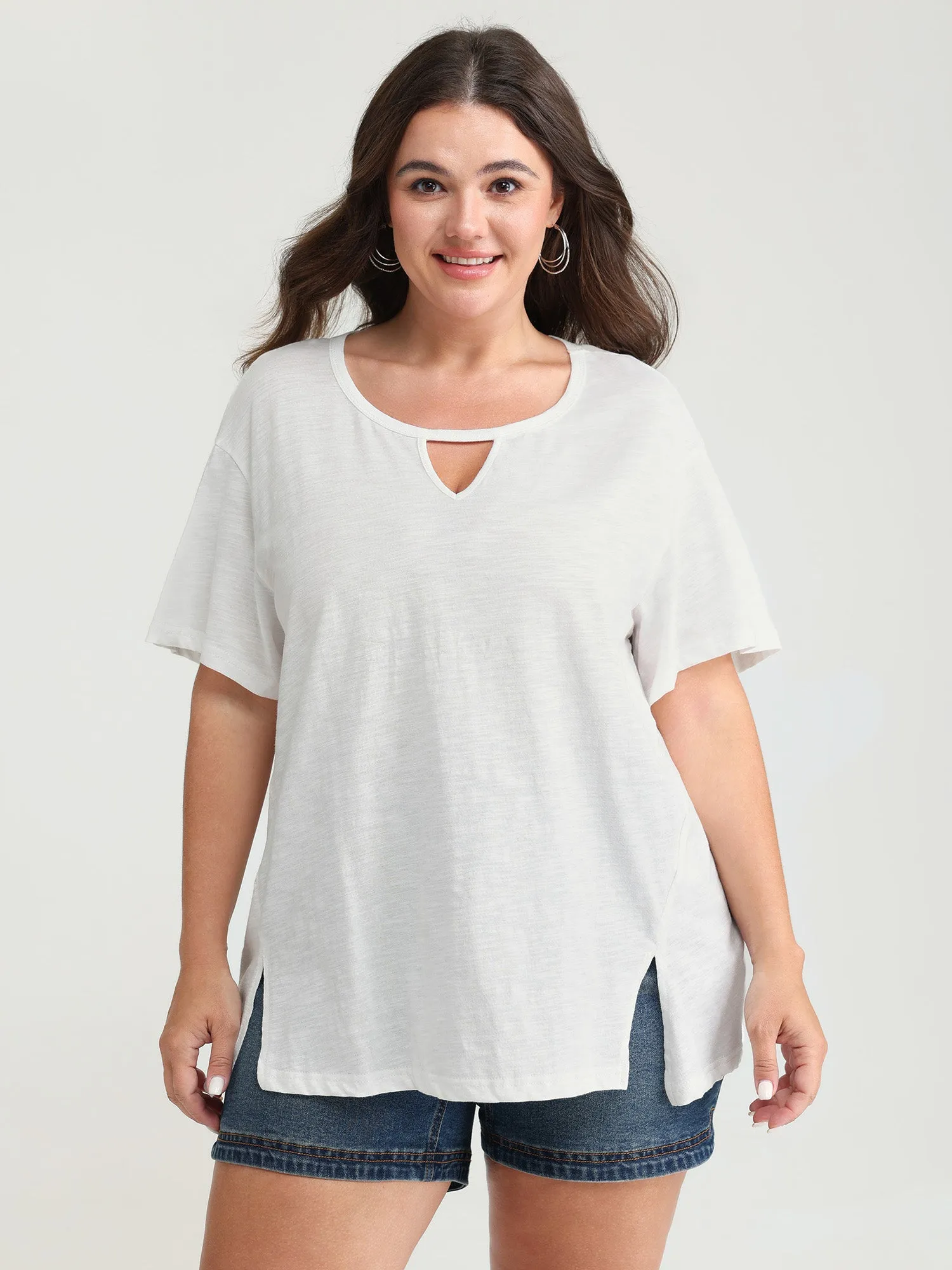 Pure Cotton Keyhole Neckline Flowy T-Shirt sold by Bloomchic