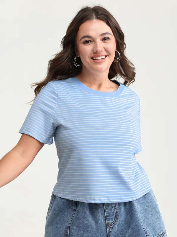 Striped Ribbed Fitted Crew Neck T-Shirt made by Bloomchic