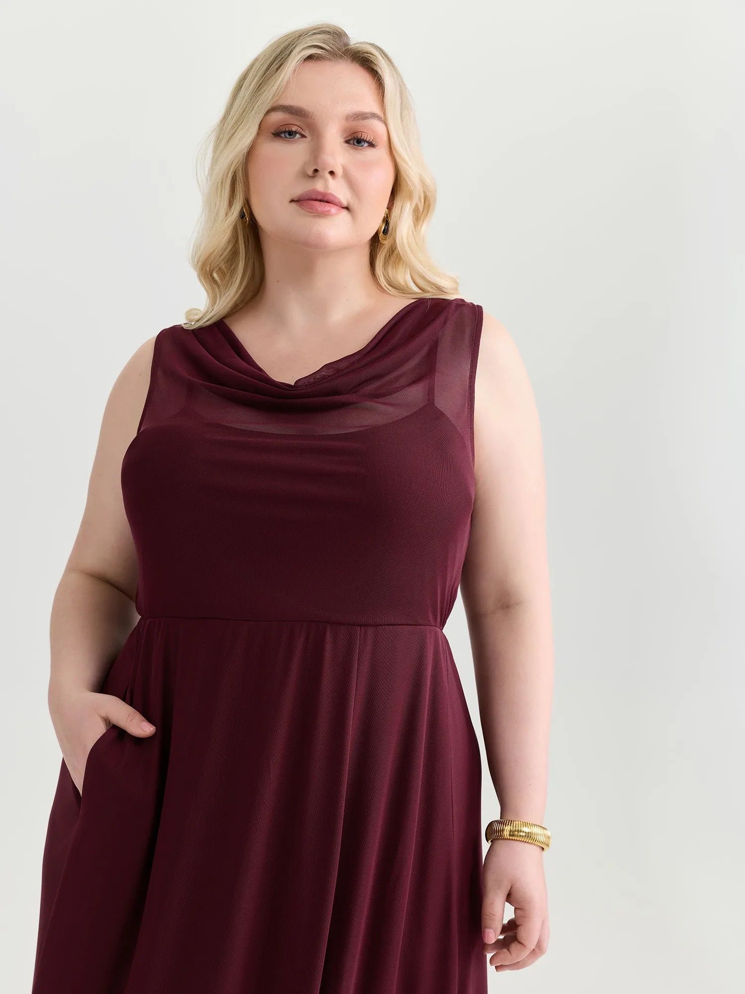 Mesh Cowl Neckline Flowy Midi Dress sold by Bloomchic product image thumbnail 2