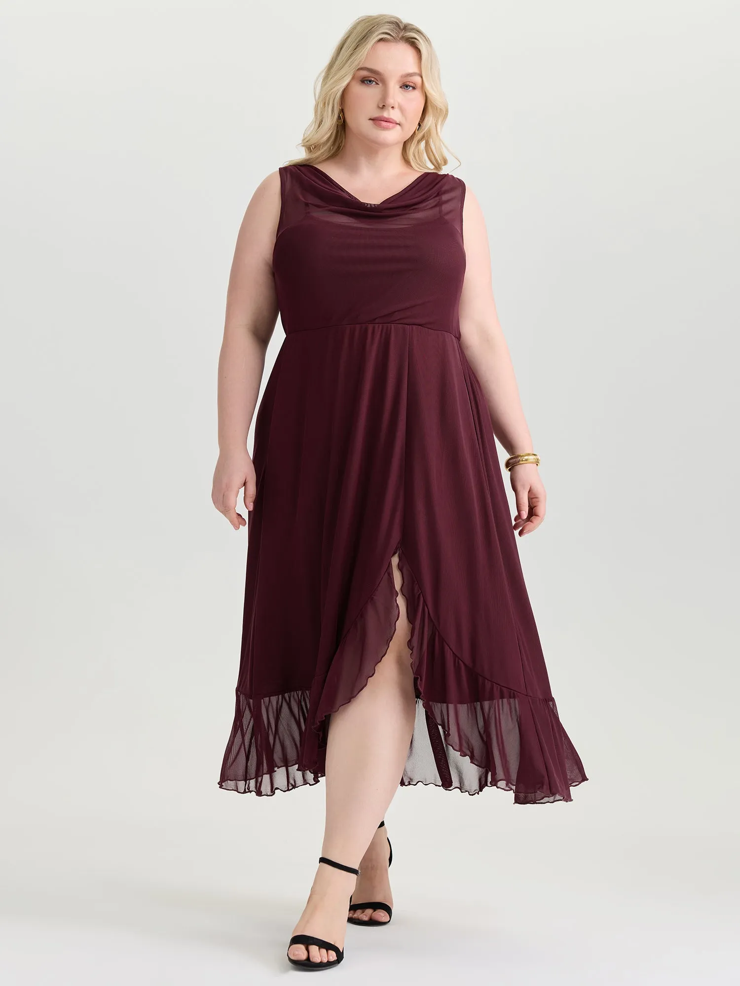 Mesh Cowl Neckline Flowy Midi Dress sold by Bloomchic