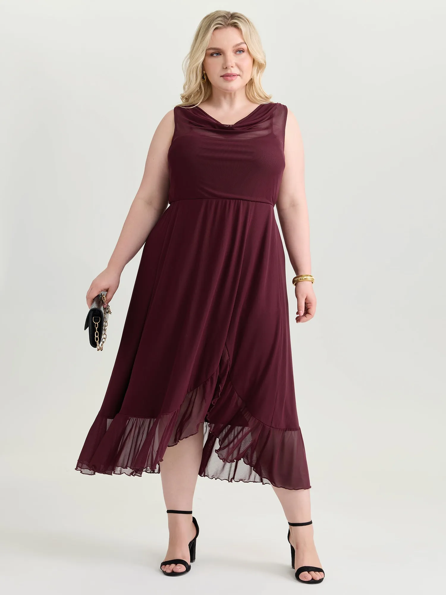 Mesh Cowl Neckline Flowy Midi Dress sold by Bloomchic product image thumbnail 3
