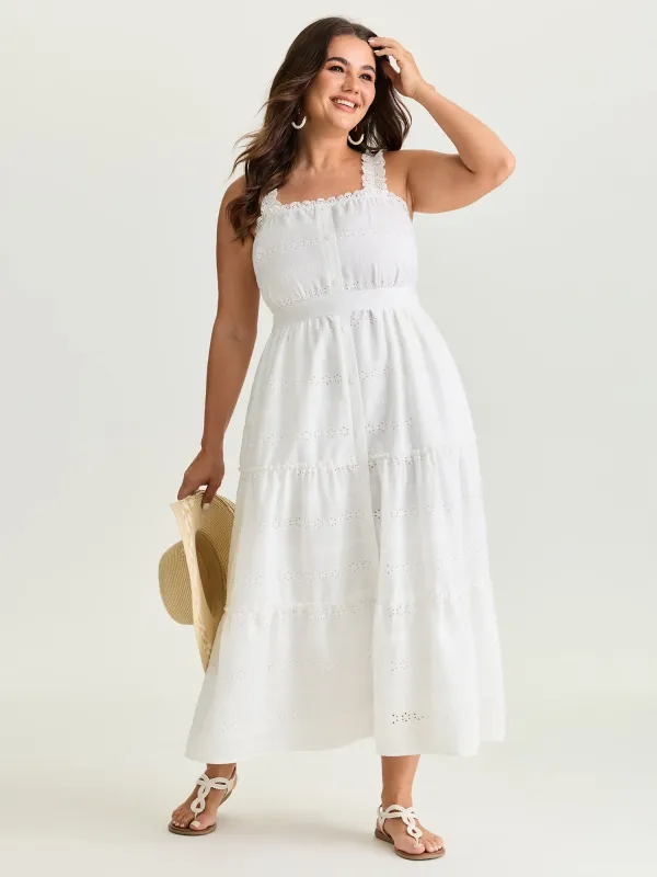 Eyelet Lace Trim Straps Tiered Midi Dress made by Bloomchic