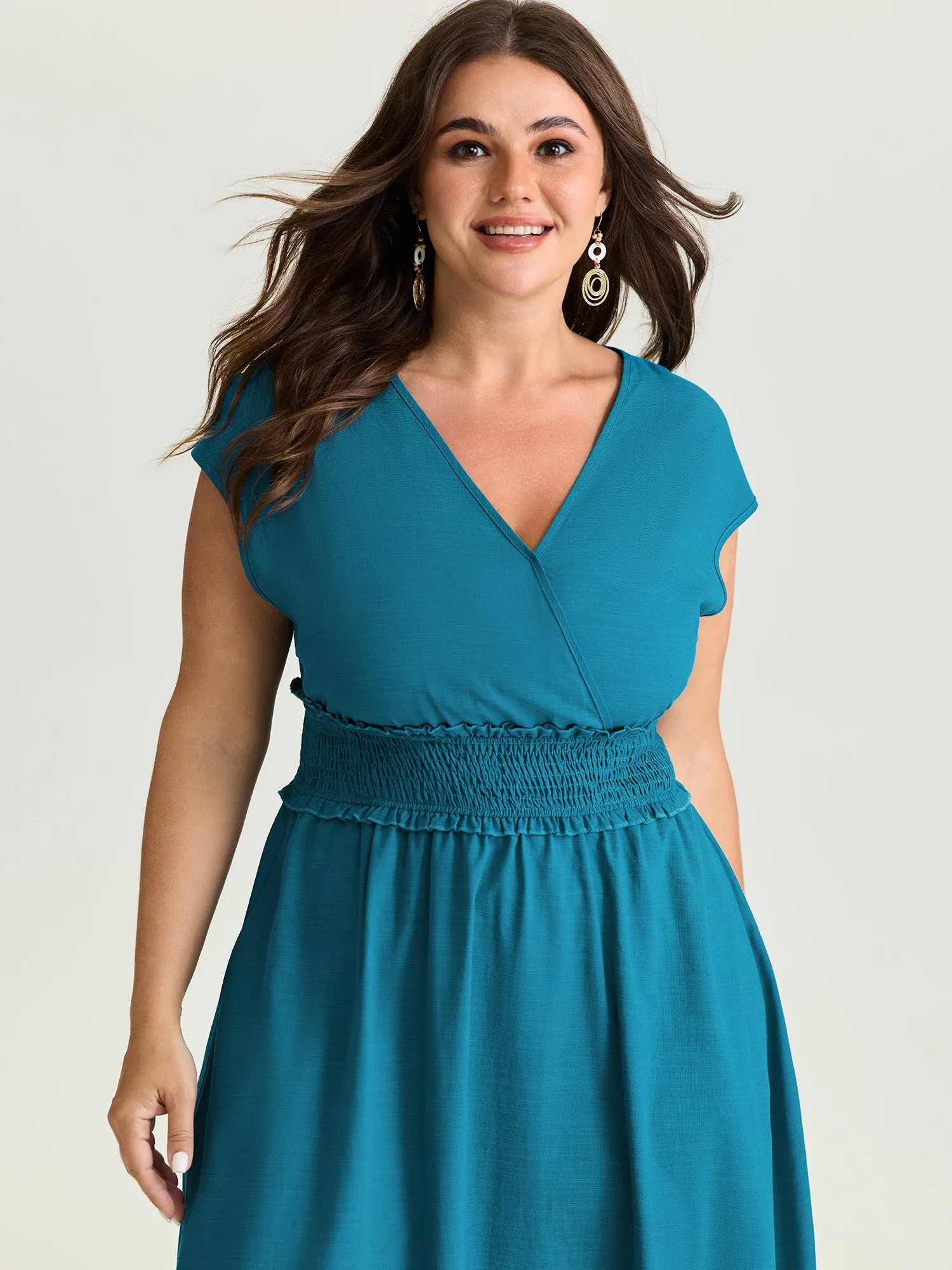 Wide Shirred Waist Surplice Neck Midi Dress sold by Bloomchic product image thumbnail 2