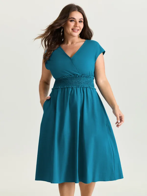 Wide Shirred Waist Surplice Neck Midi Dress made by Bloomchic