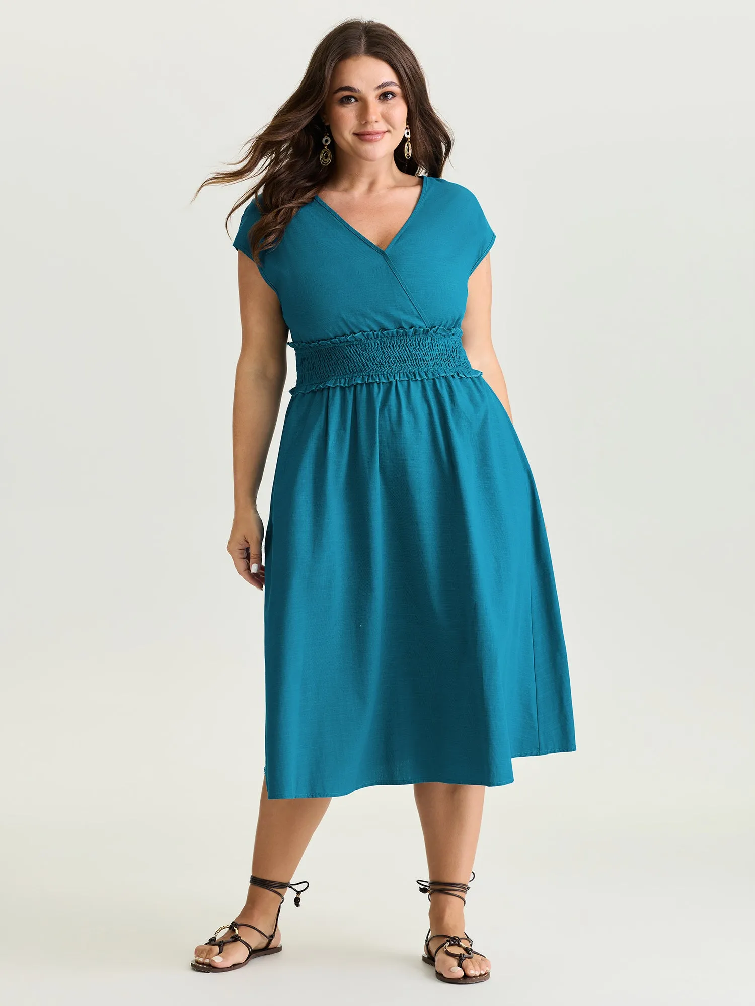 Wide Shirred Waist Surplice Neck Midi Dress sold by Bloomchic product image thumbnail 3