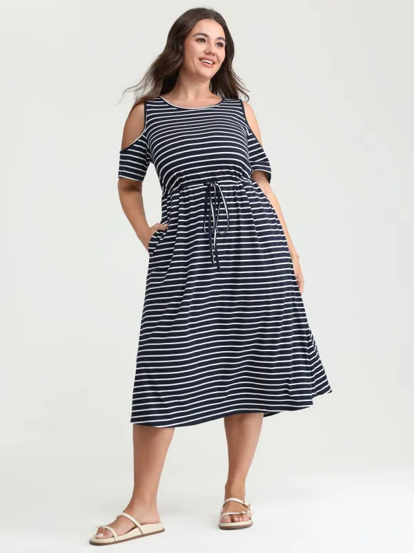 Monochrome Striped Cold-Shoulder Pockets Midi Dress made by Bloomchic