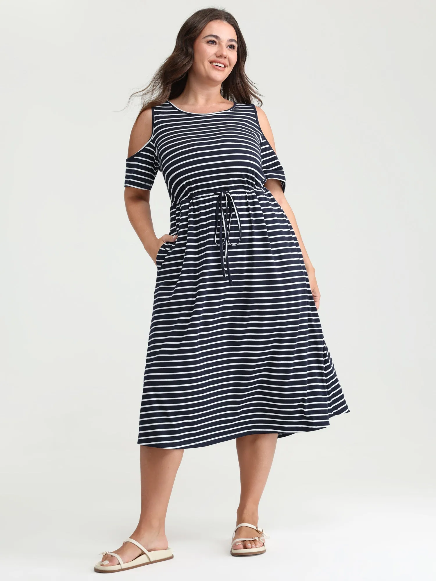 Monochrome Striped Cold-Shoulder Pockets Midi Dress sold by Bloomchic