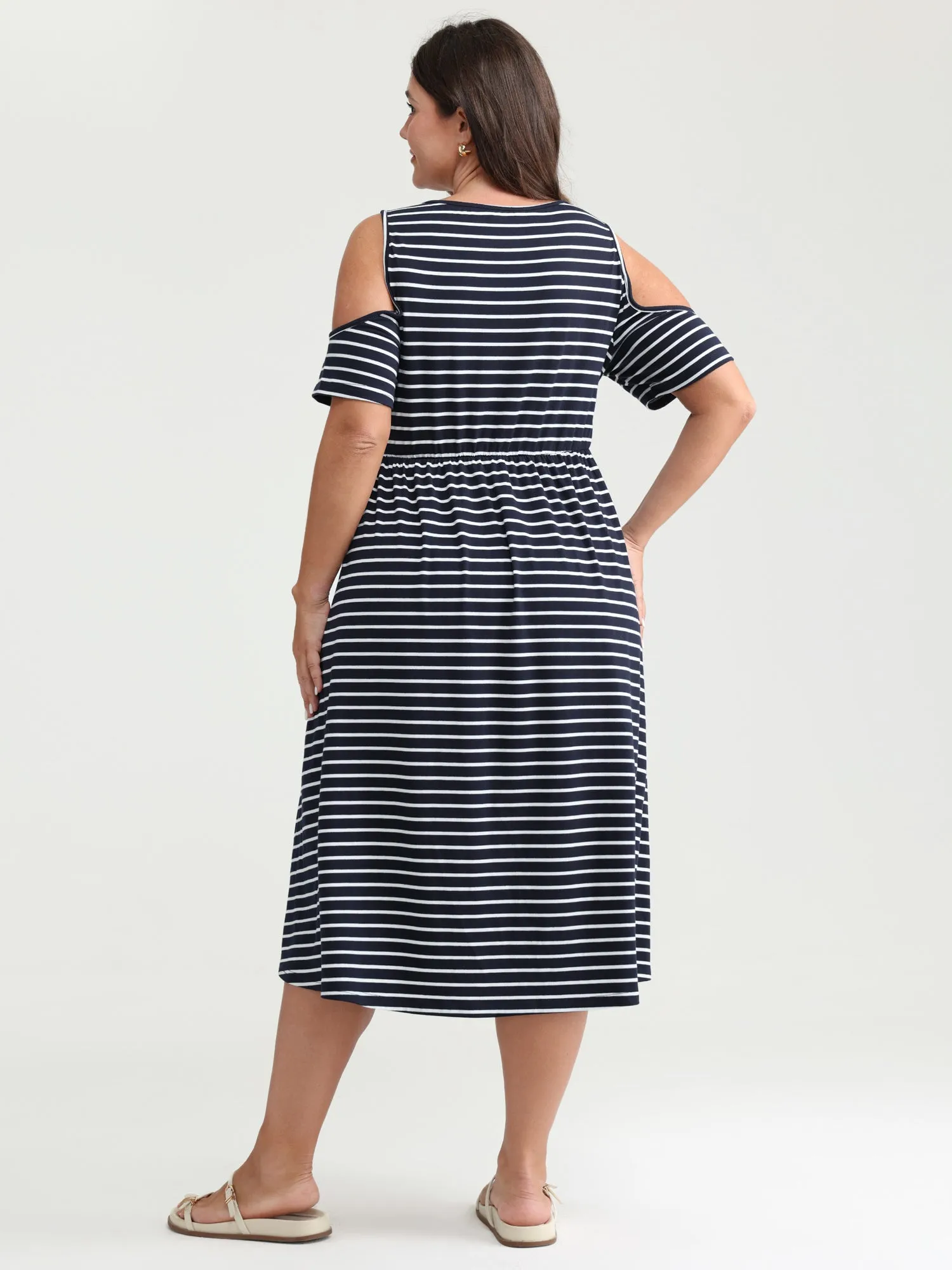 Monochrome Striped Cold-Shoulder Pockets Midi Dress sold by Bloomchic product image thumbnail 4