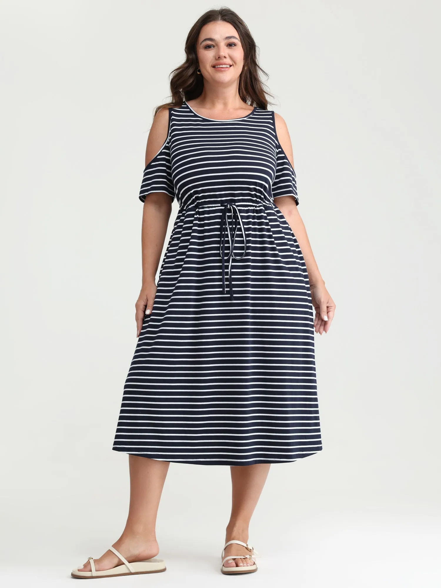 Monochrome Striped Cold-Shoulder Pockets Midi Dress sold by Bloomchic product image thumbnail 3