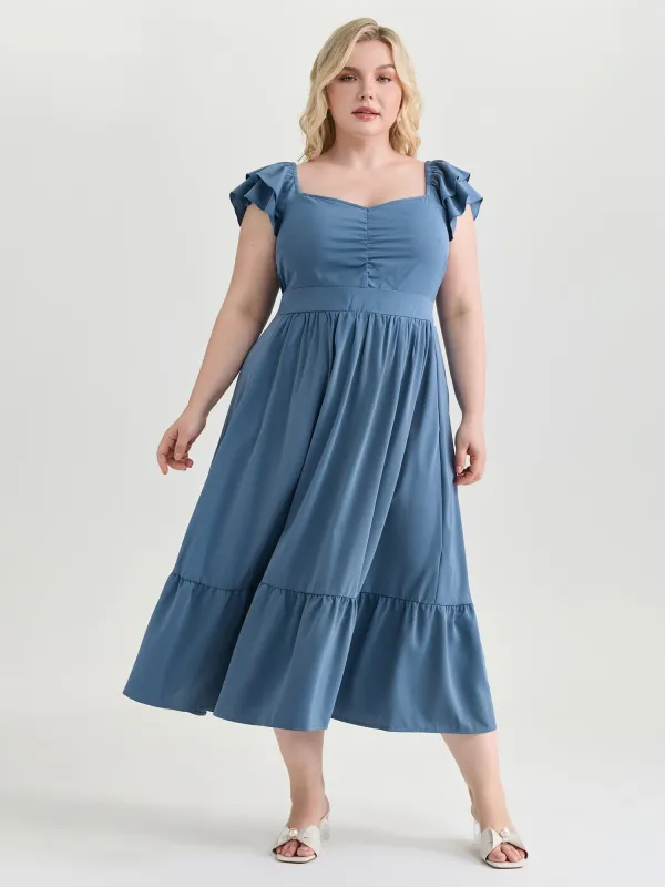Ruched Shirred Back Layered Sleeve Midi Dress made by Bloomchic