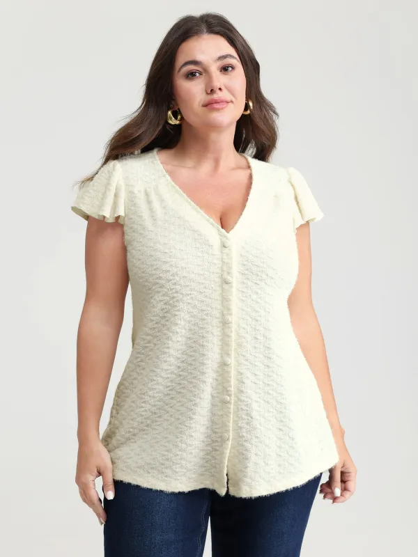 Textured Button Detail Ruffled Sleeve T-Shirt made by Bloomchic