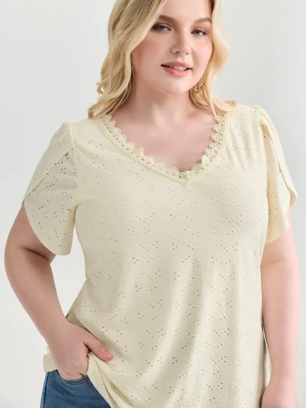 Eyelet Trim Stretchy V-Neck T-Shirt made by Bloomchic
