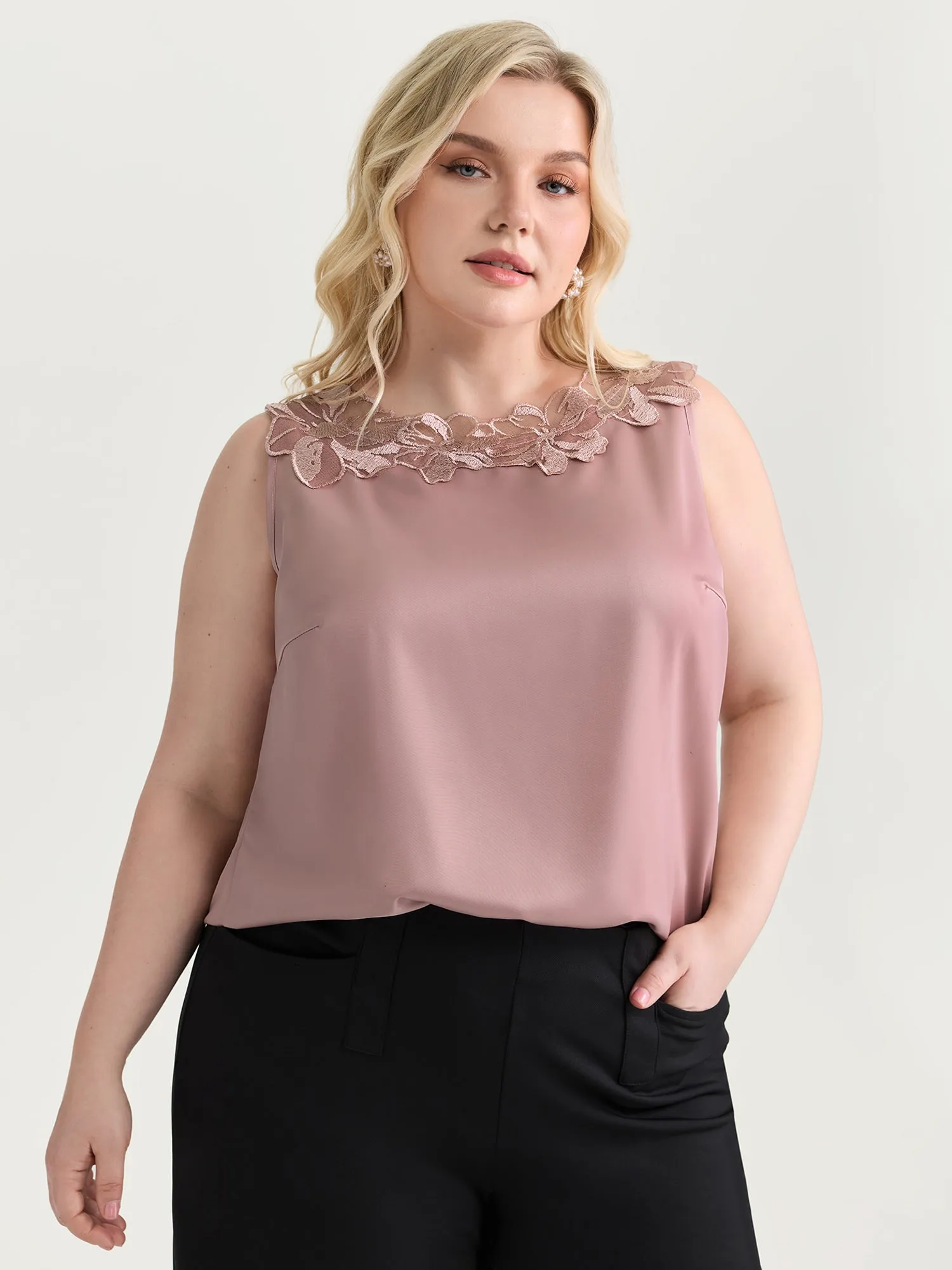 Romantic Satin Lace Neckline Blouse sold by Bloomchic
