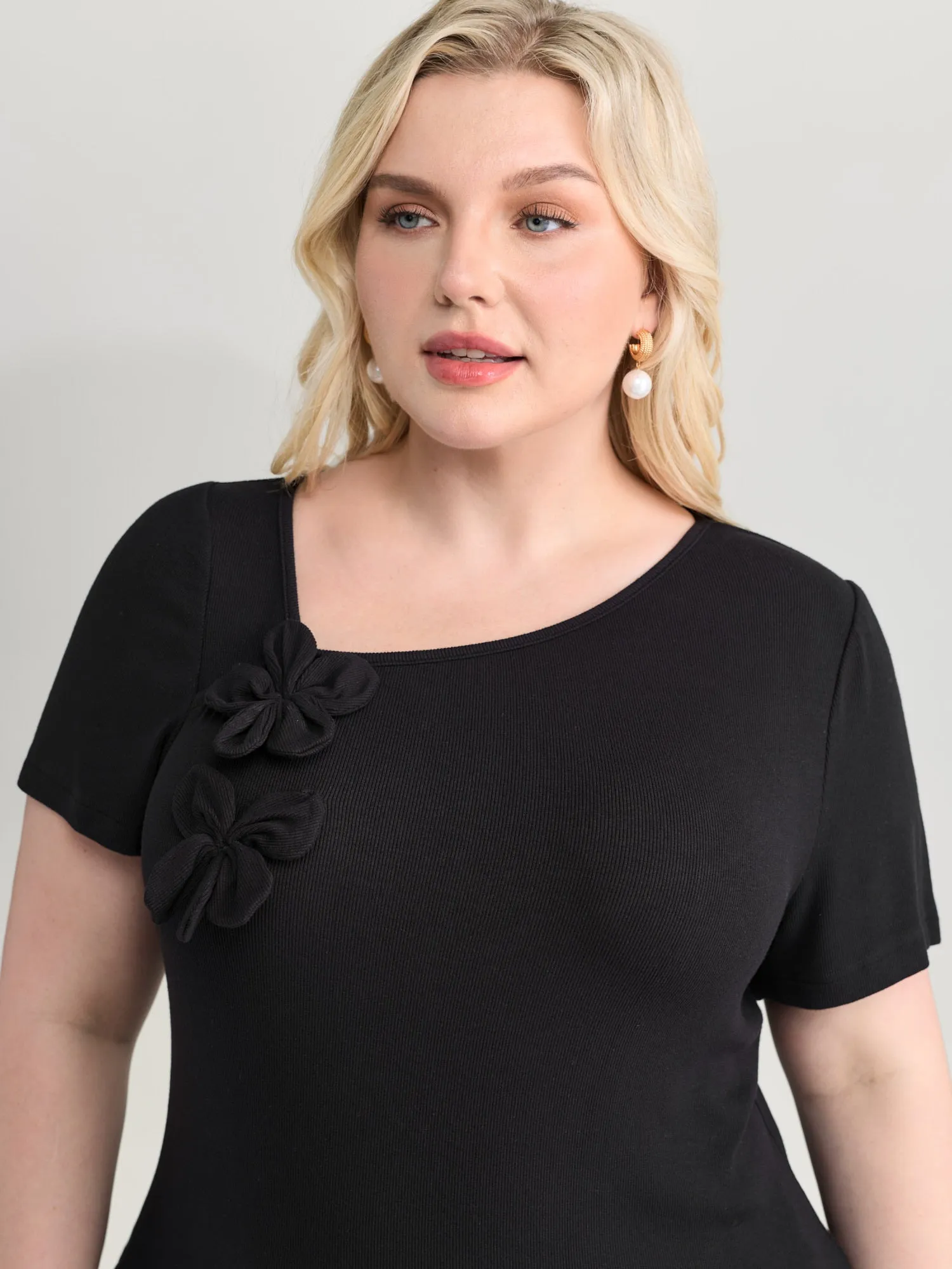3D Flower Detail Asymmetrical Neckline Top sold by Bloomchic