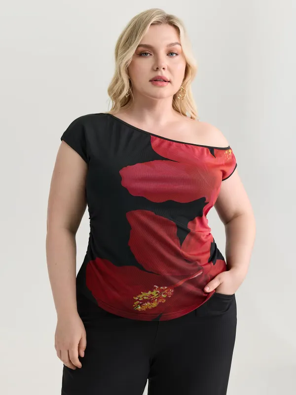 Large Floral Print One-Shoulder Knit Top made by Bloomchic