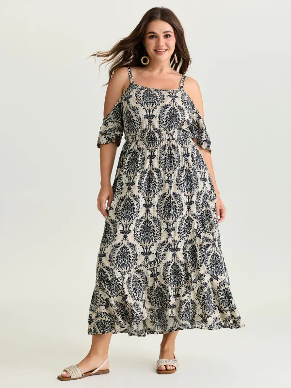 Ornate Print Cold-Shoulder Maxi Dress made by Bloomchic