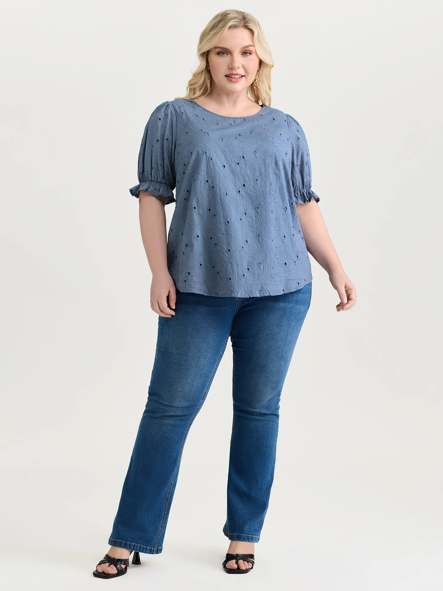 Floral Eyelet Trim Stretchy Cuff Sleeve Blouse sold by Bloomchic product image thumbnail 3