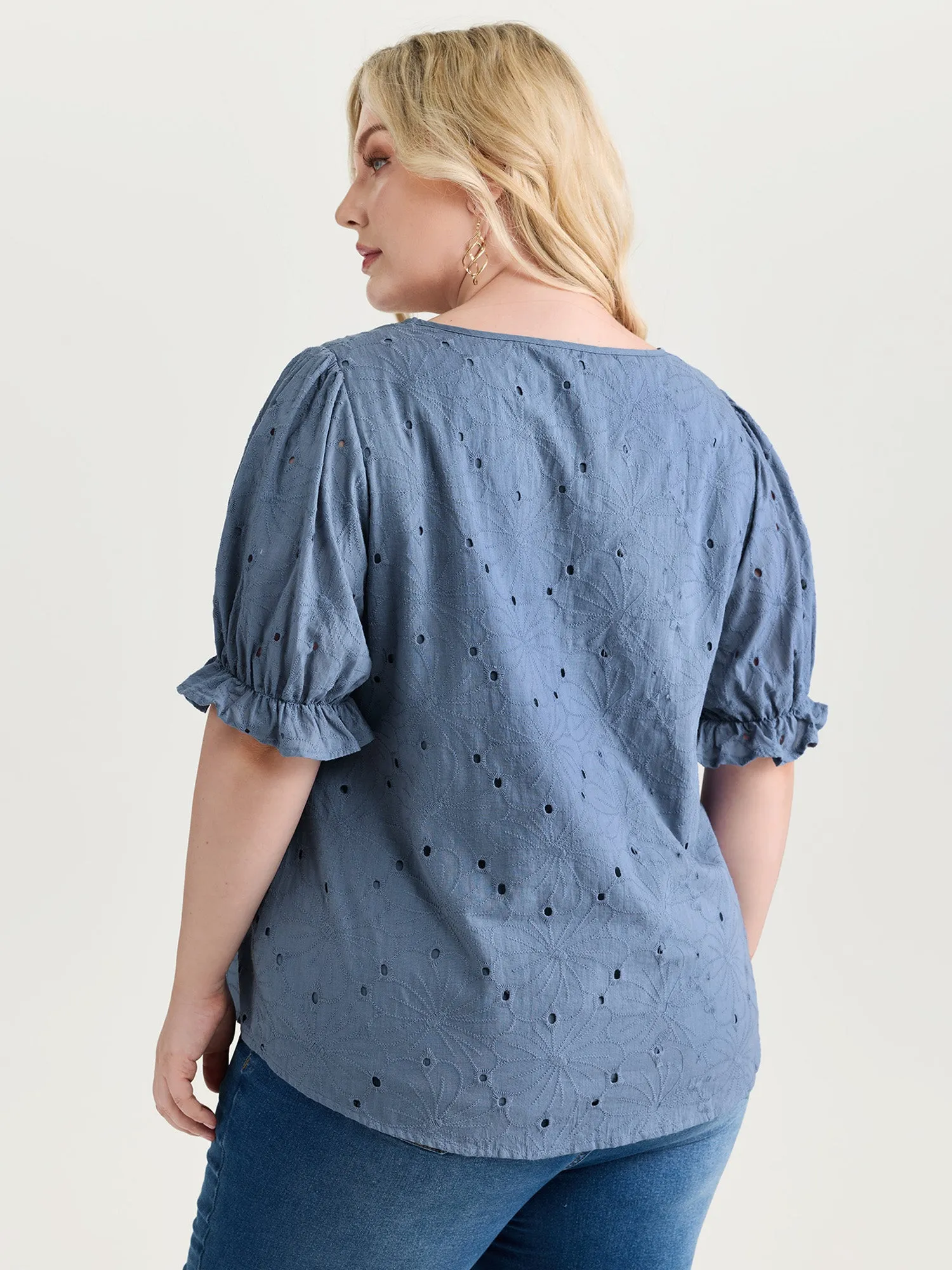 Floral Eyelet Trim Stretchy Cuff Sleeve Blouse sold by Bloomchic product image thumbnail 4