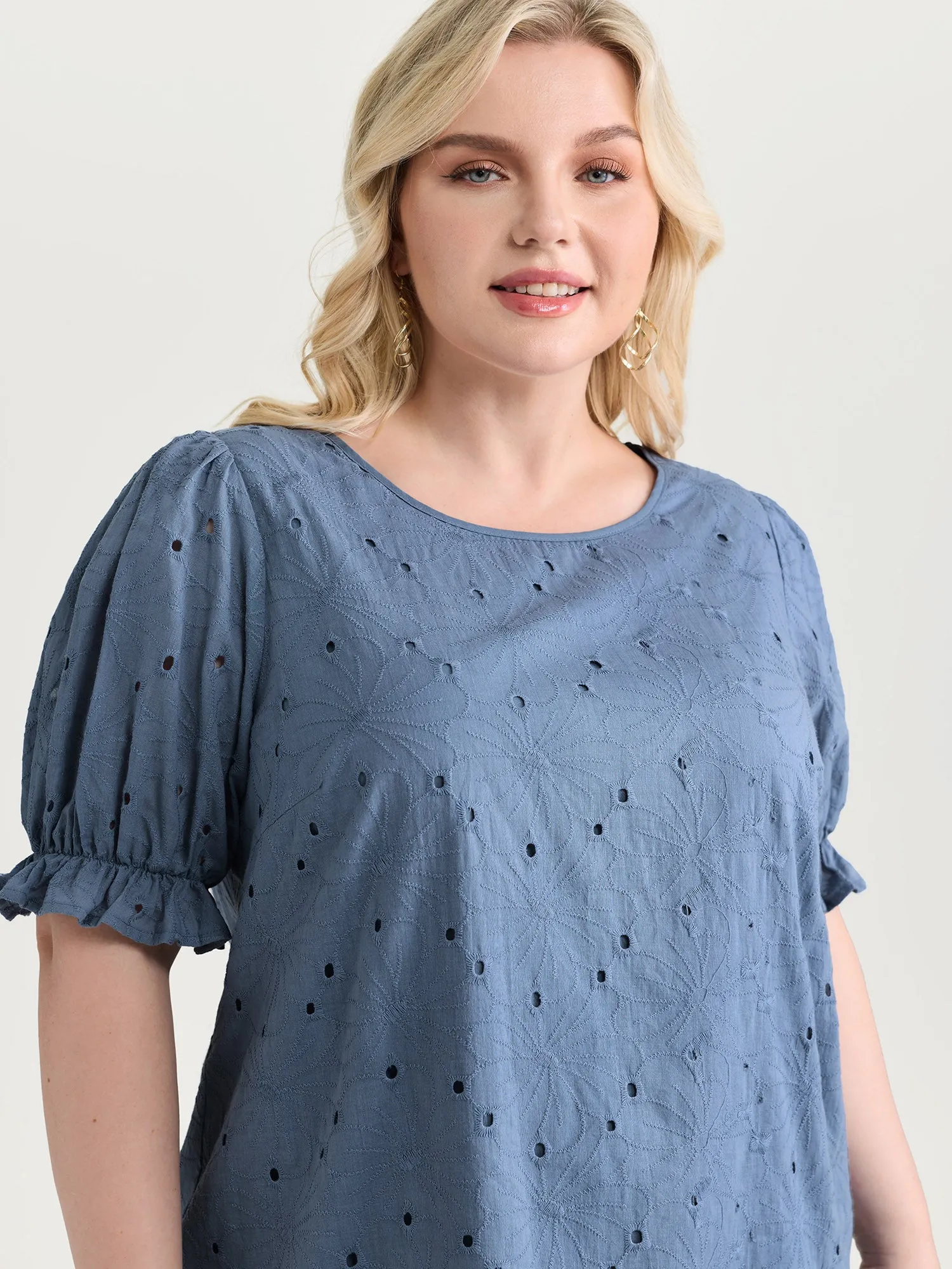 Floral Eyelet Trim Stretchy Cuff Sleeve Blouse sold by Bloomchic product image thumbnail 2