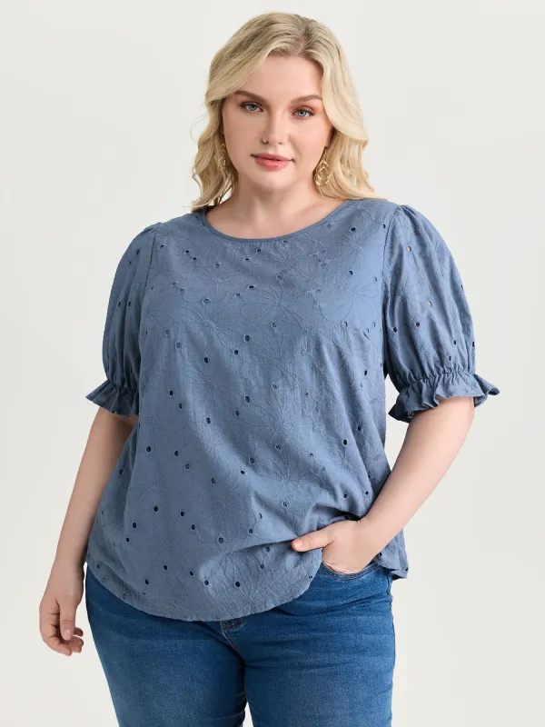 Floral Eyelet Trim Stretchy Cuff Sleeve Blouse made by Bloomchic