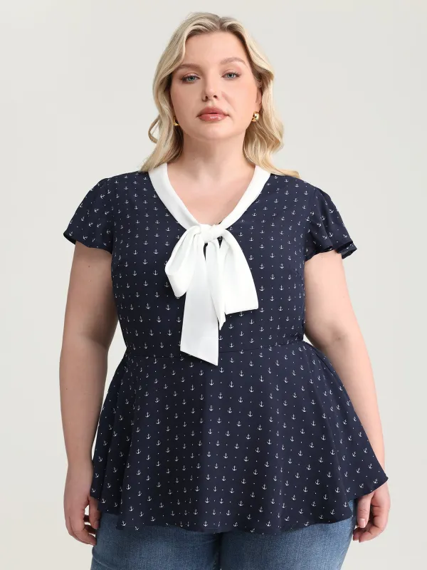 Color Contrast Ribbon Neckline Blouse made by Bloomchic