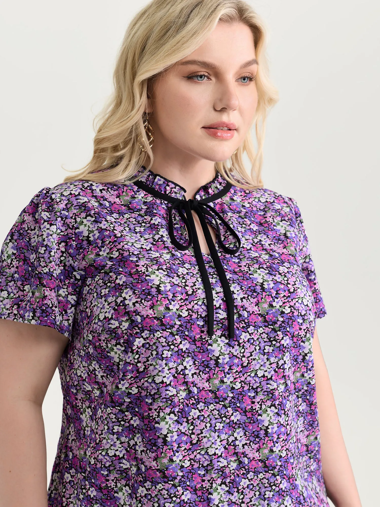 Dense Floral Print Ruffled Mock Neck Blouse sold by Bloomchic product image thumbnail 2