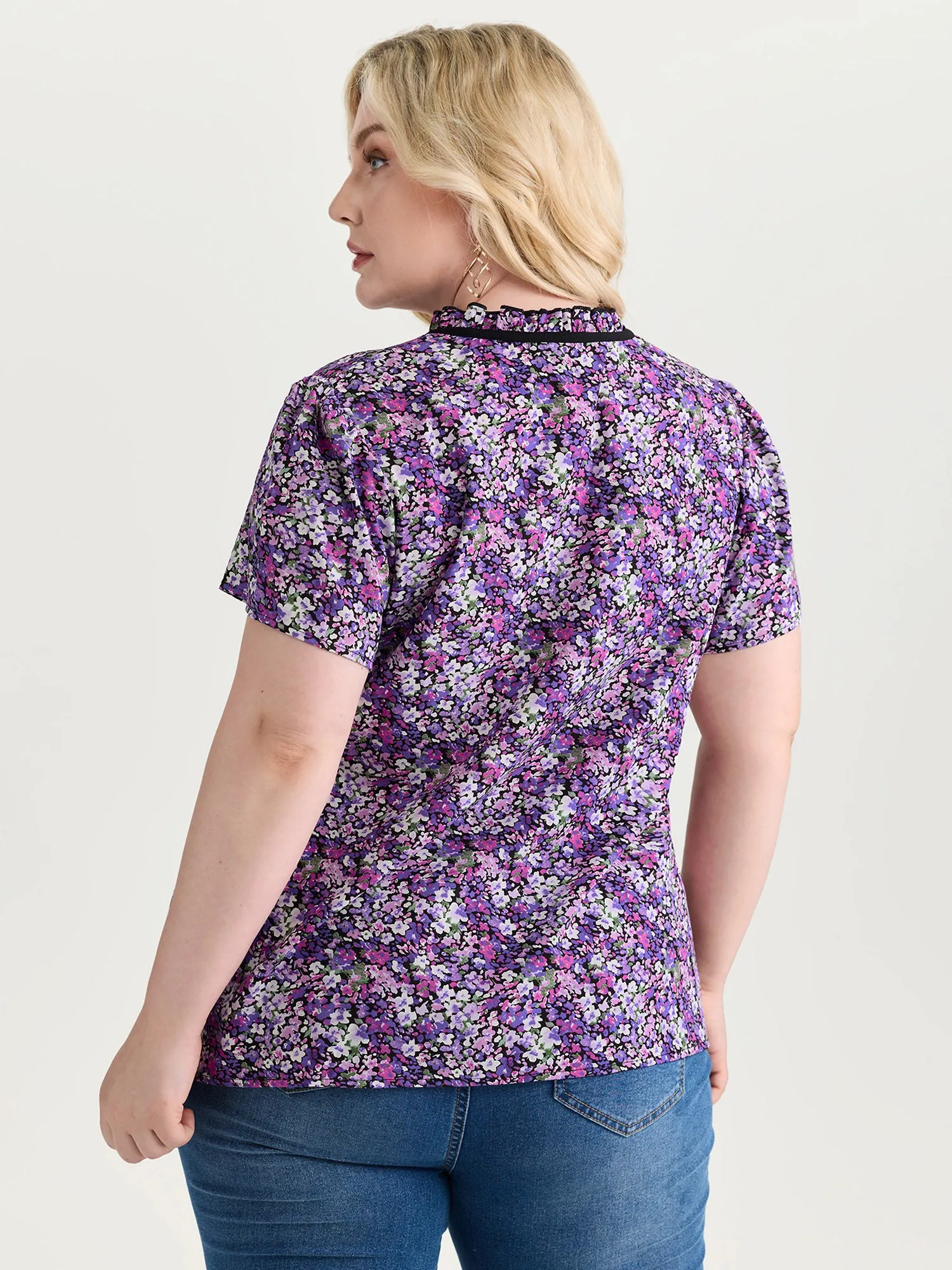 Dense Floral Print Ruffled Mock Neck Blouse sold by Bloomchic product image thumbnail 4