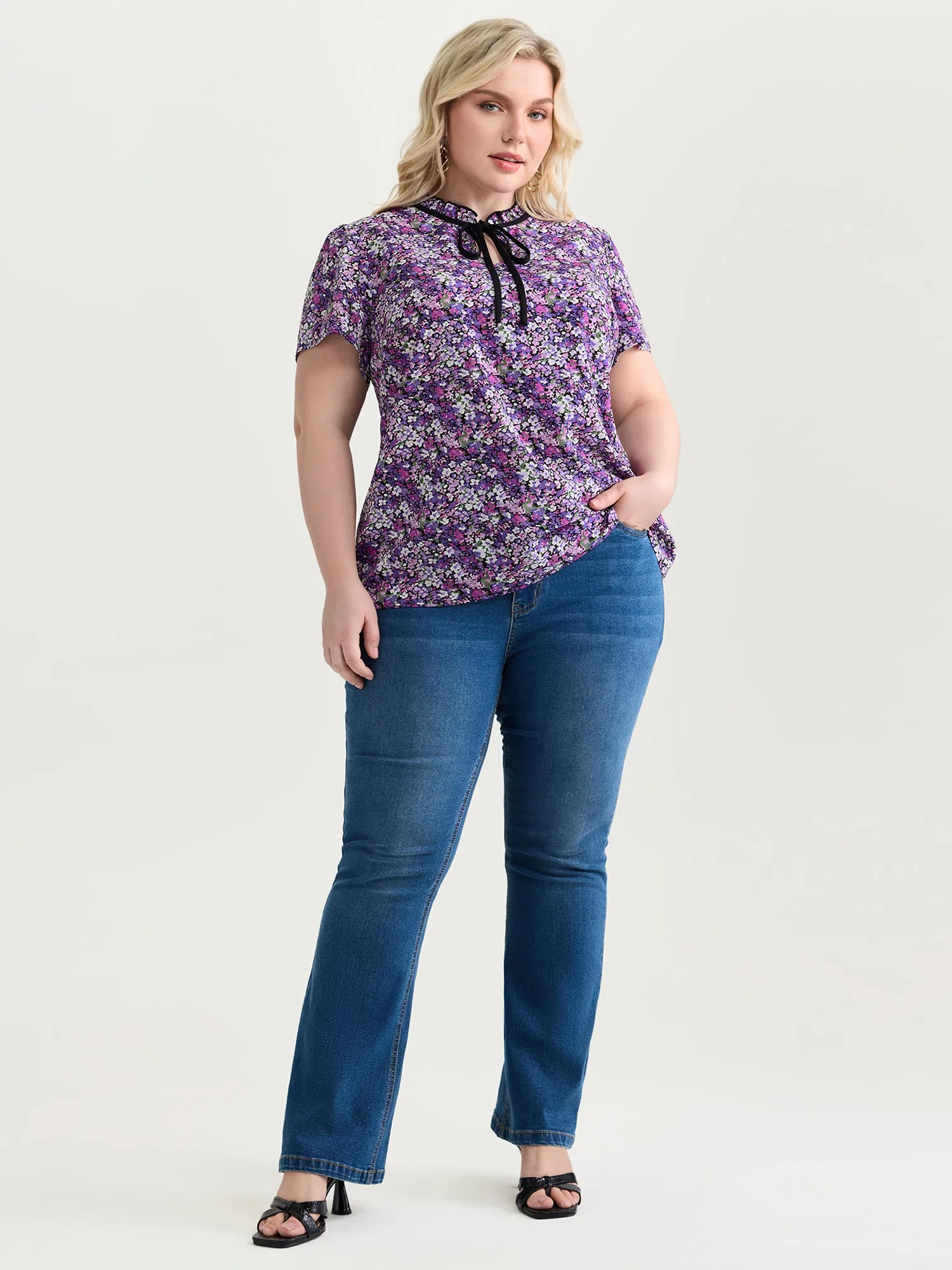 Dense Floral Print Ruffled Mock Neck Blouse sold by Bloomchic product image thumbnail 3