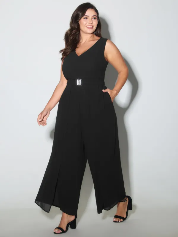 Metallic Buckle Layered Hem Slit Jumpsuit made by Bloomchic