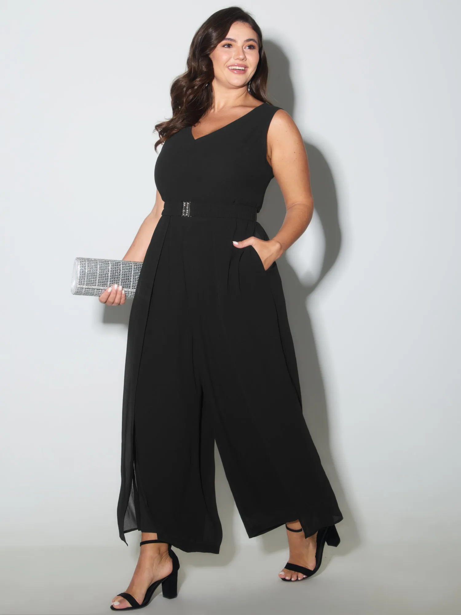 Metallic Buckle Layered Hem Slit Jumpsuit sold by Bloomchic product image thumbnail 3
