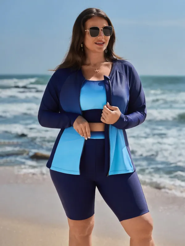 Zipper Front Color Gradient Pockets Swim Top made by Bloomchic