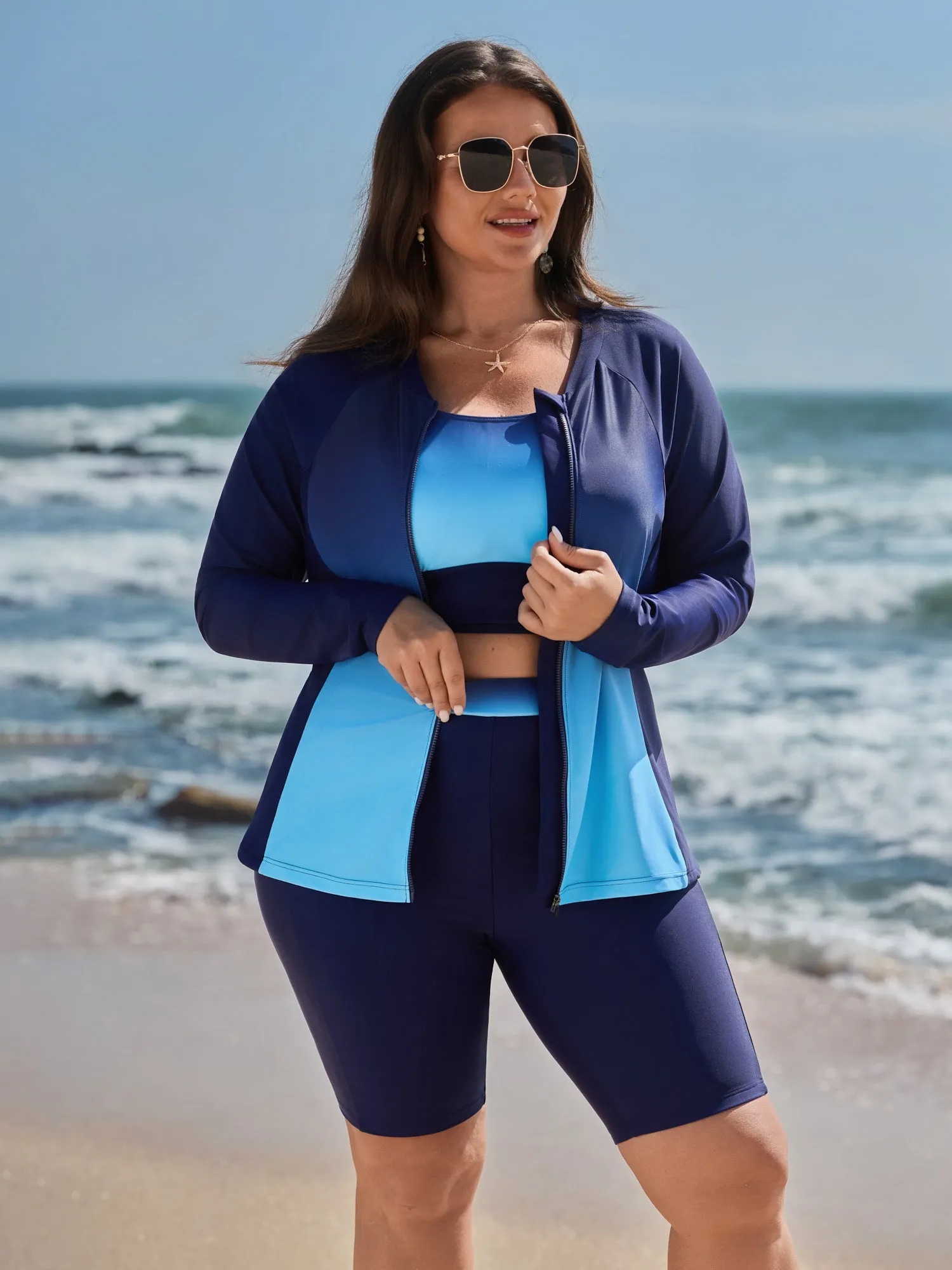 Zipper Front Color Gradient Pockets Swim Top sold by Bloomchic