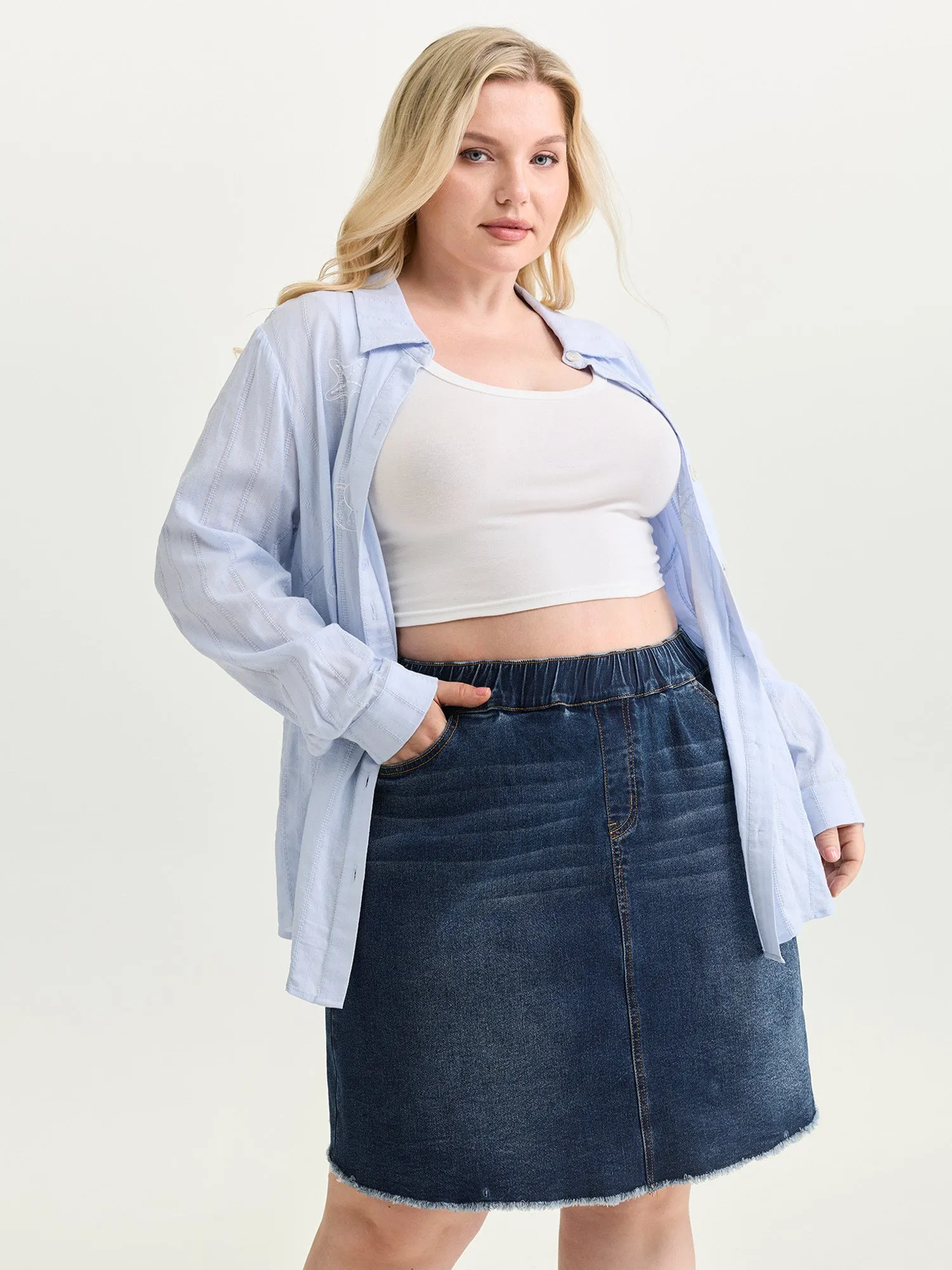 Stretchy Raw Hem Elastic Waist Denim Skort sold by Bloomchic