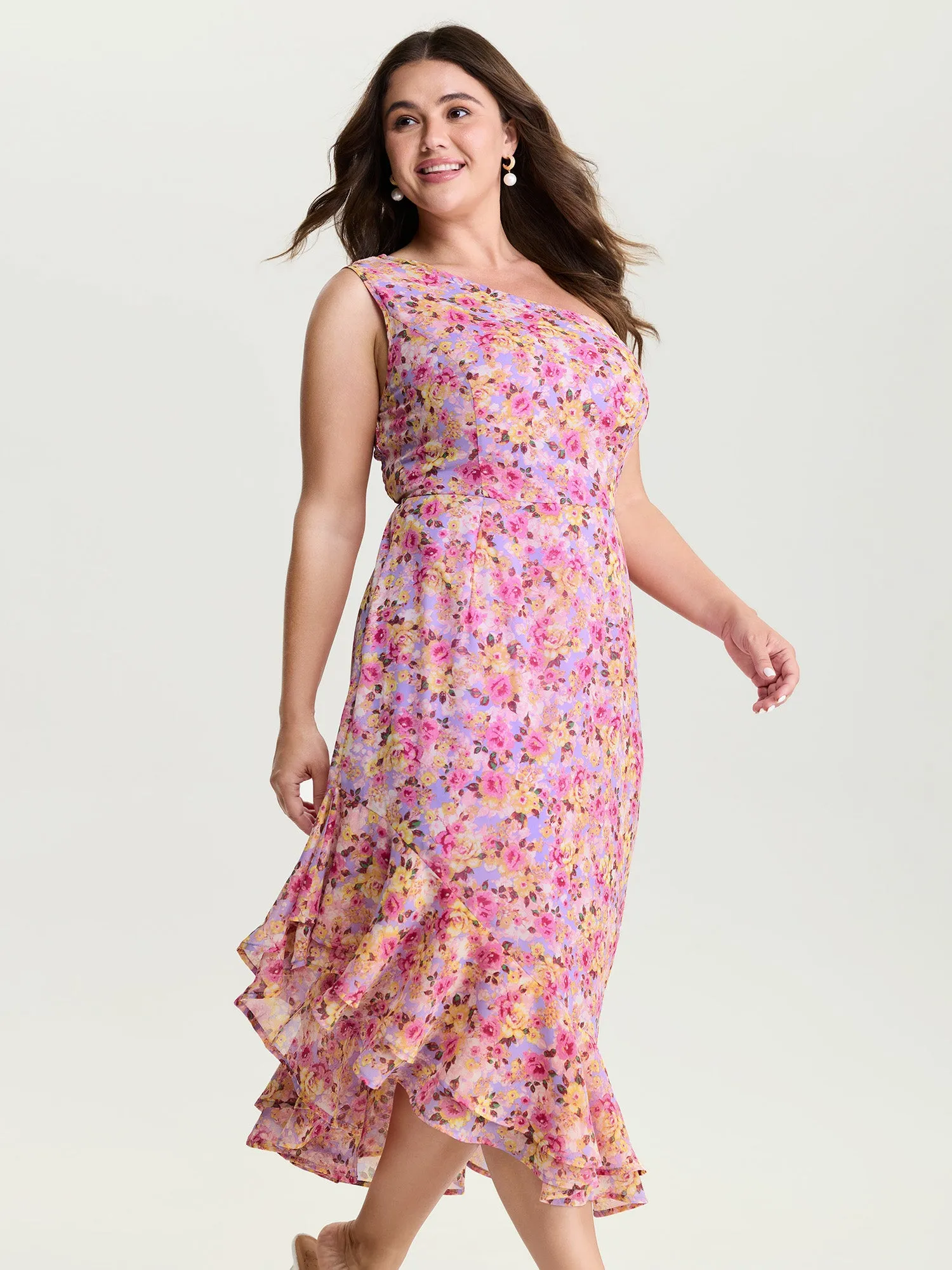 Floral Ease Ruffled Hem One-Shoulder Midi Dress sold by Bloomchic