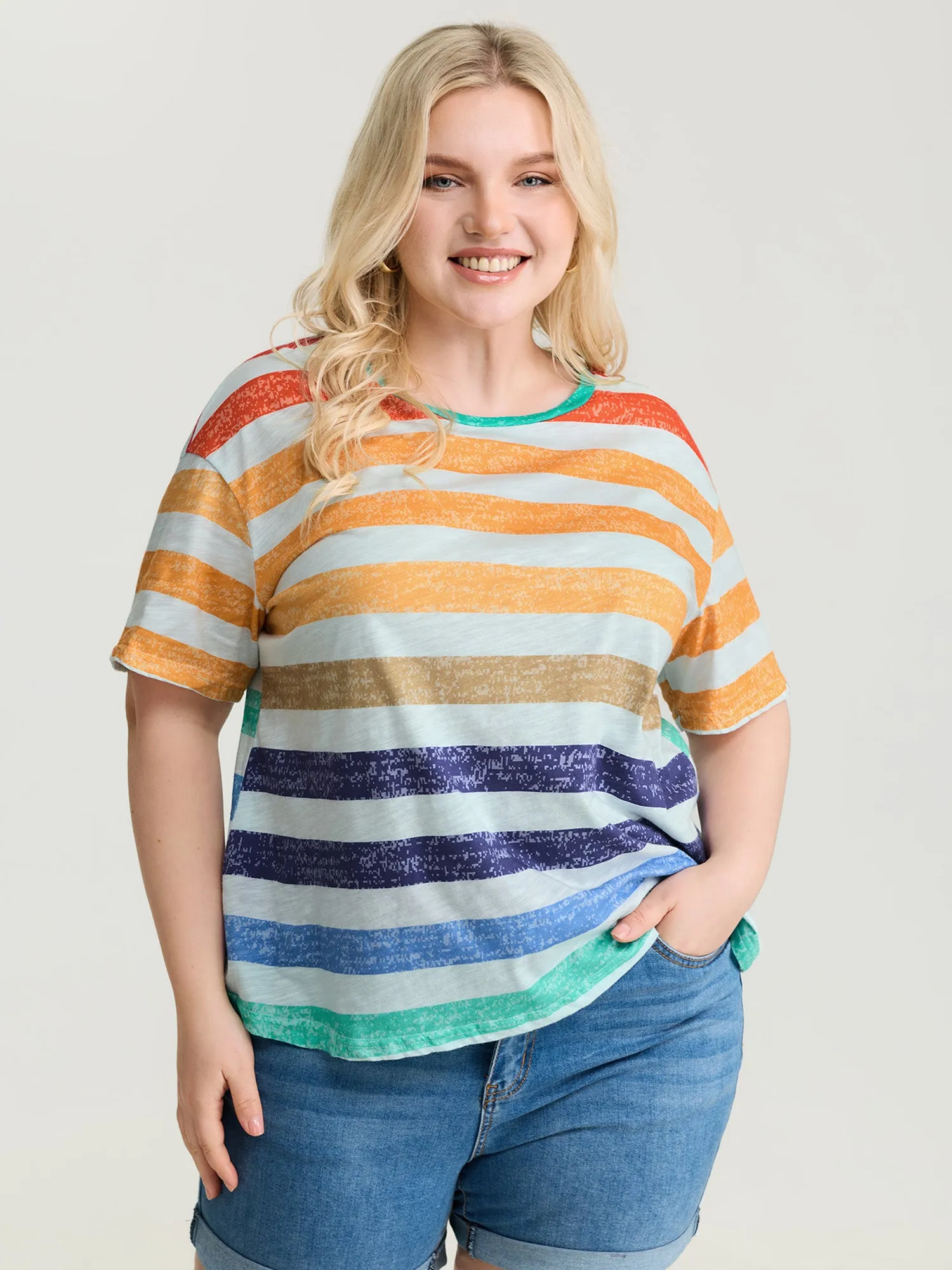 Multi-Color Stripe Print Round Neck T-Shirt sold by Bloomchic