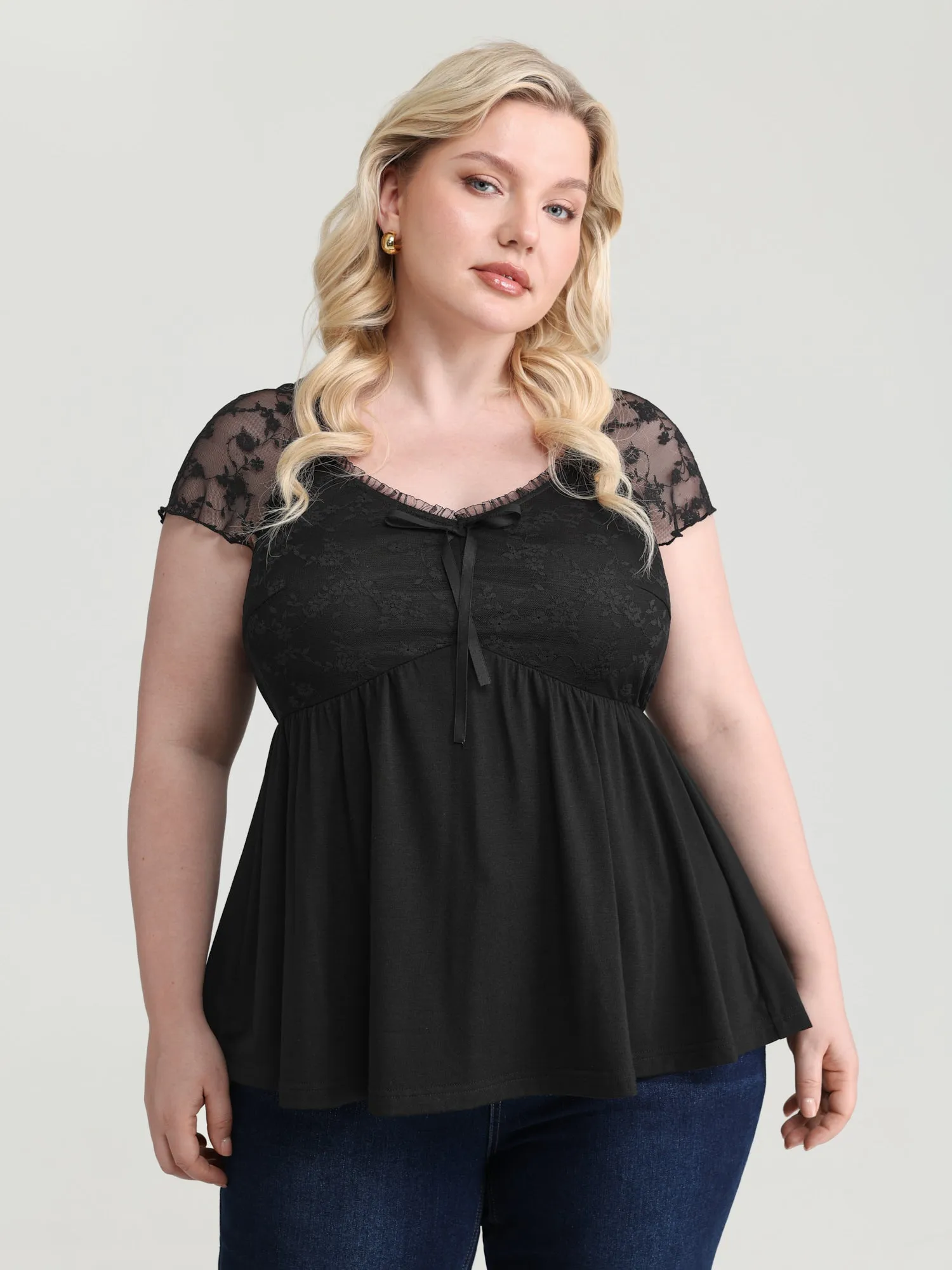 Sheer Lace Sleeve Stretchy Knit Top sold by Bloomchic product image thumbnail 2