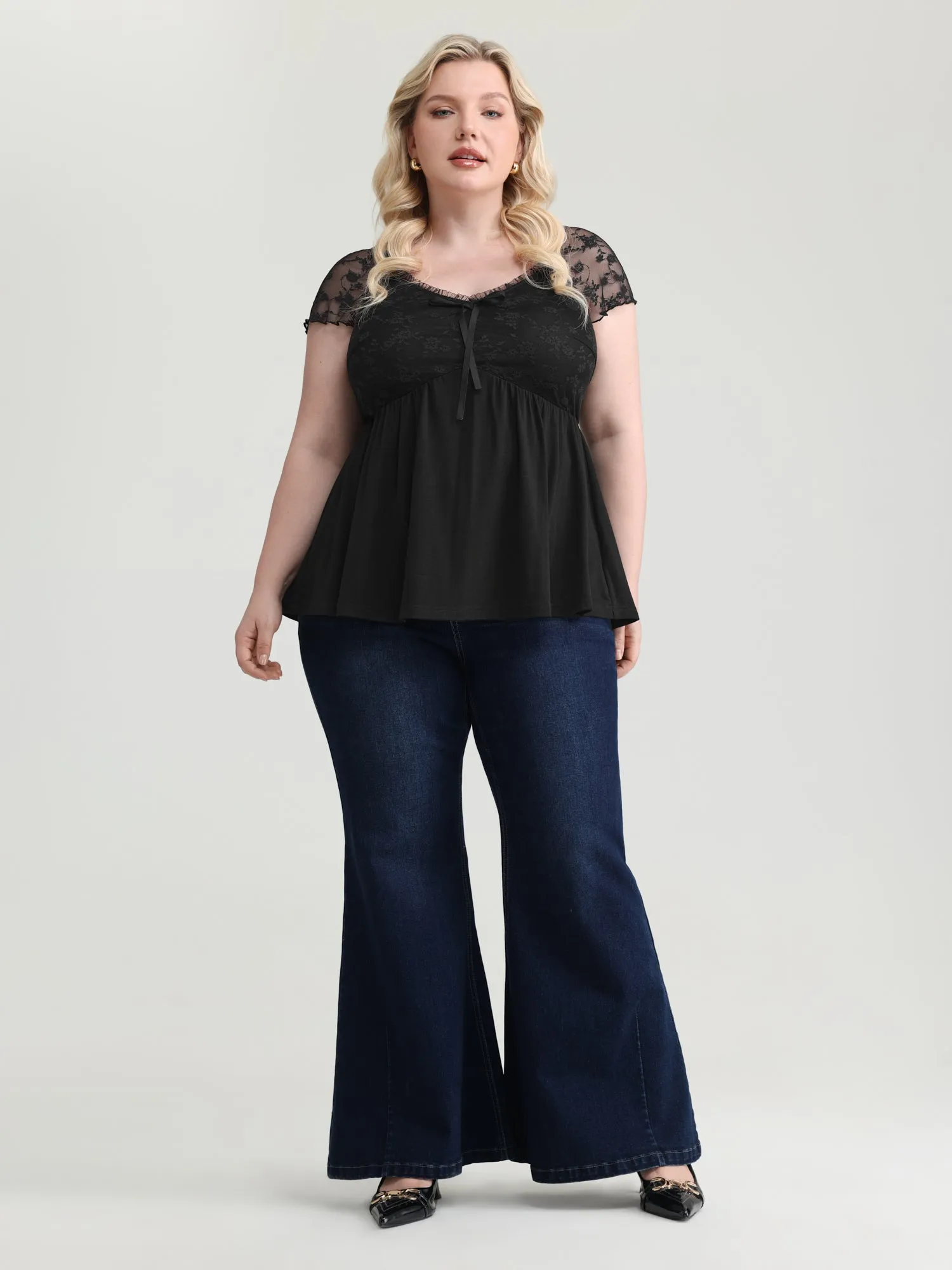 Sheer Lace Sleeve Stretchy Knit Top sold by Bloomchic product image thumbnail 3