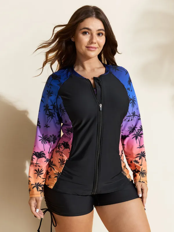 Tropical Color Contrast Print Zipper Front Swim Top made by Bloomchic