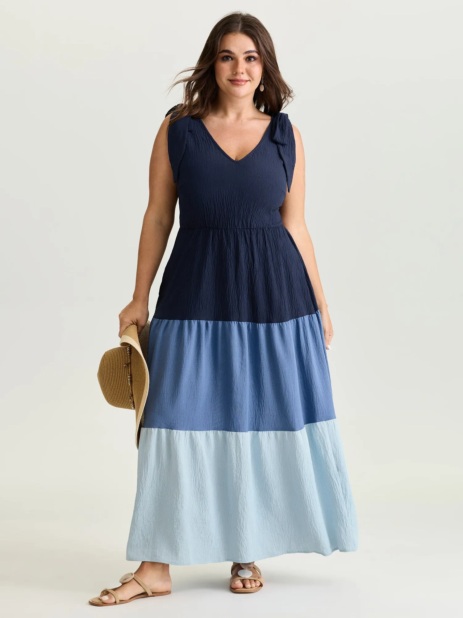 Colorblock Shoulder-Tie Tiered Maxi Dress sold by Bloomchic product image thumbnail 3