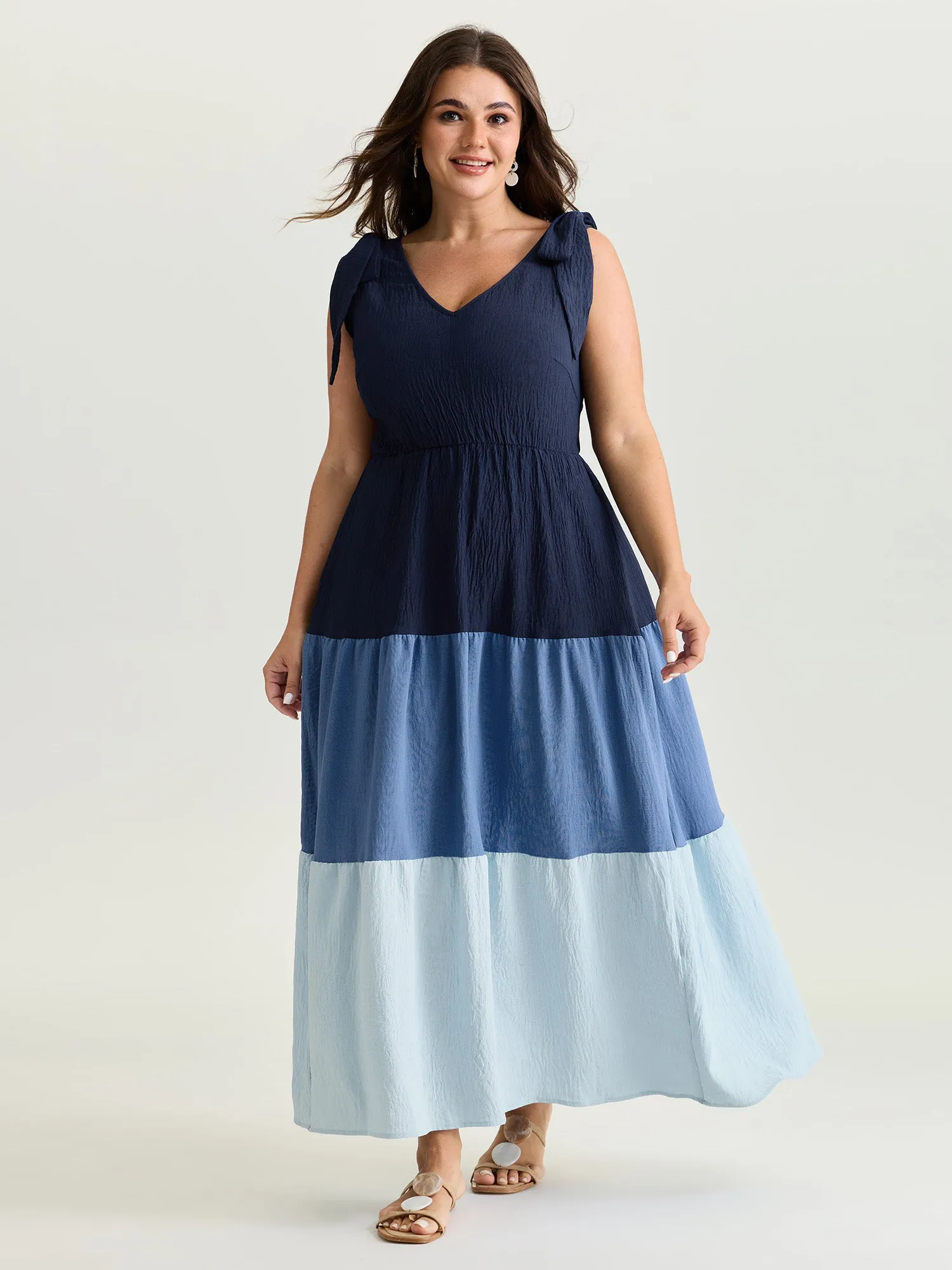 Colorblock Shoulder-Tie Tiered Maxi Dress sold by Bloomchic