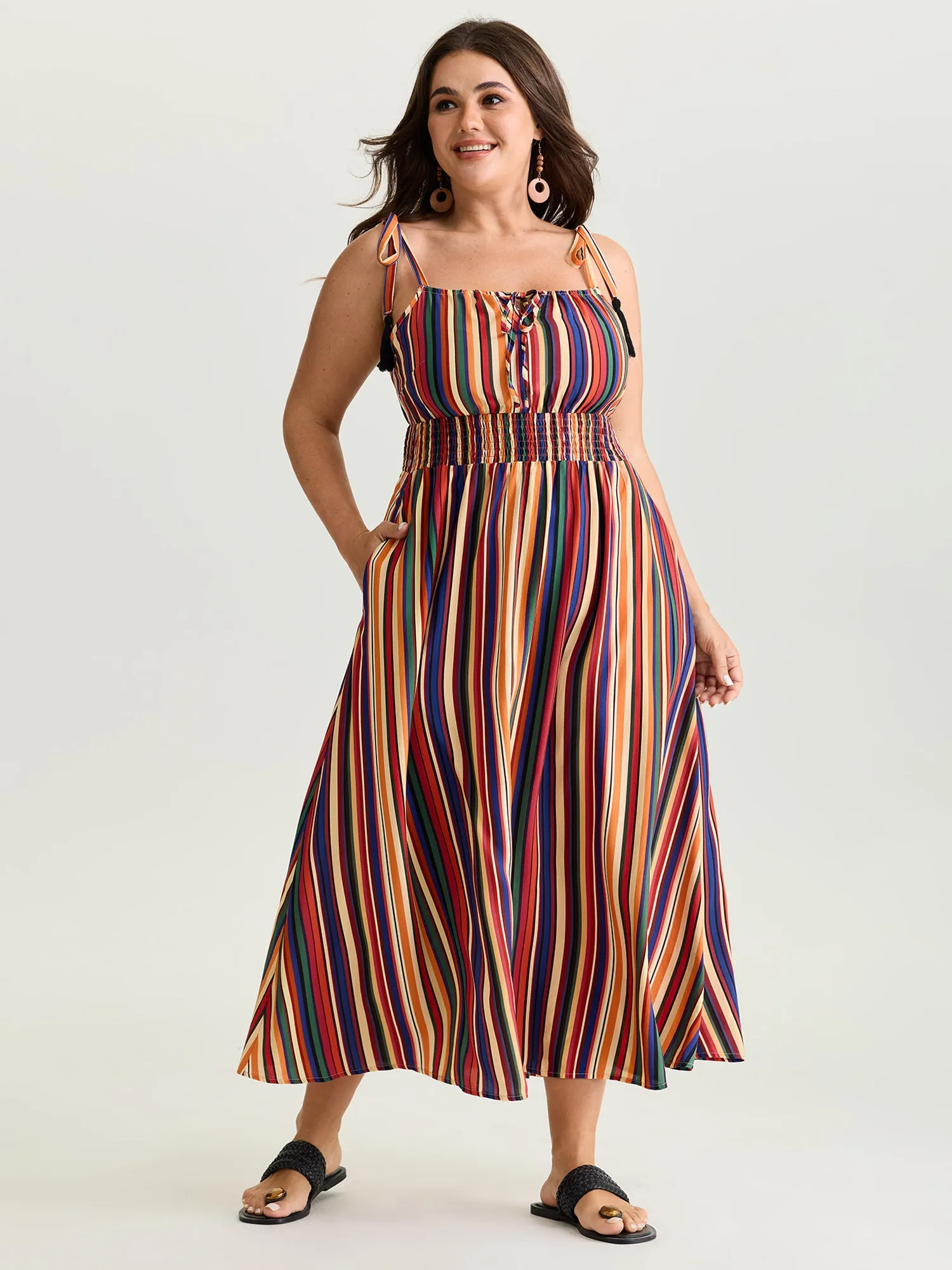 Colorful Stripe Shirred Waist Shoulder Tie Maxi Dress sold by Bloomchic