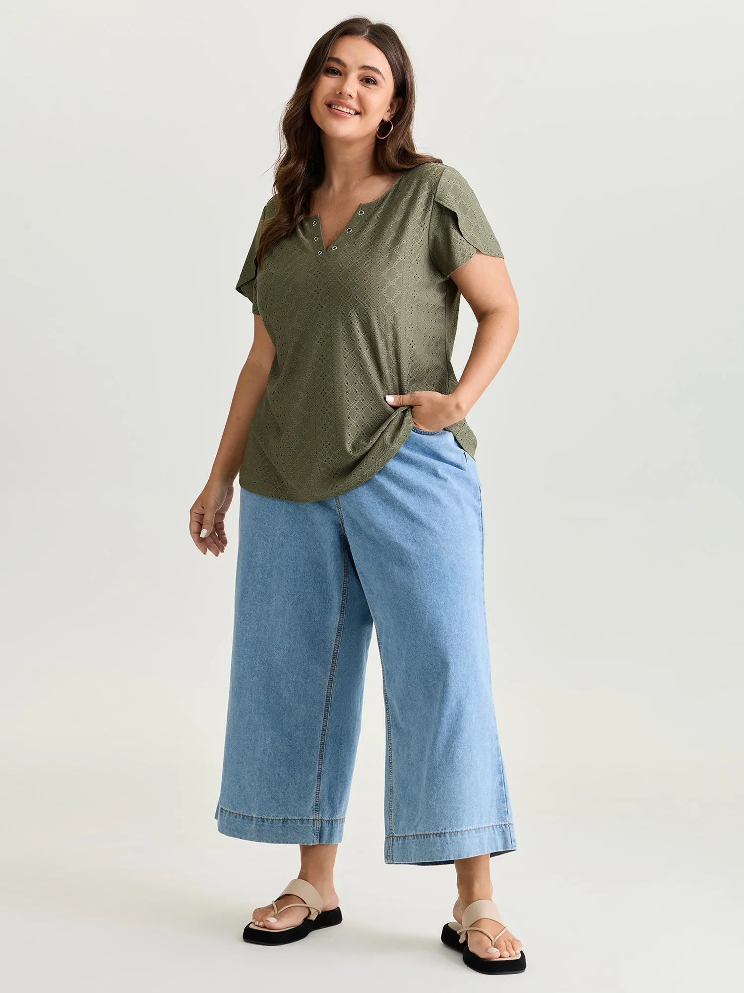 Eyelet Trim Split Neckline Knit Top sold by Bloomchic product image thumbnail 3