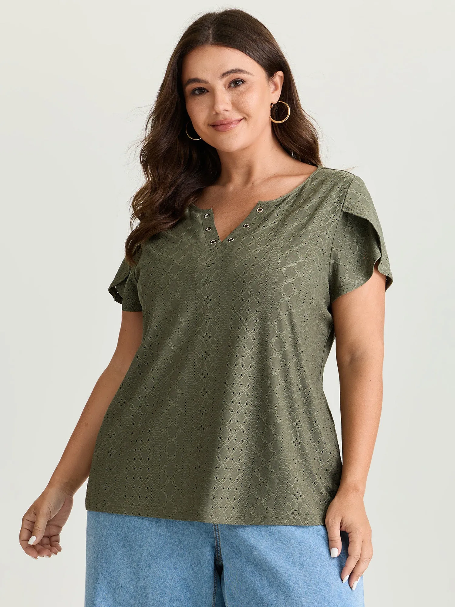 Eyelet Trim Split Neckline Knit Top sold by Bloomchic