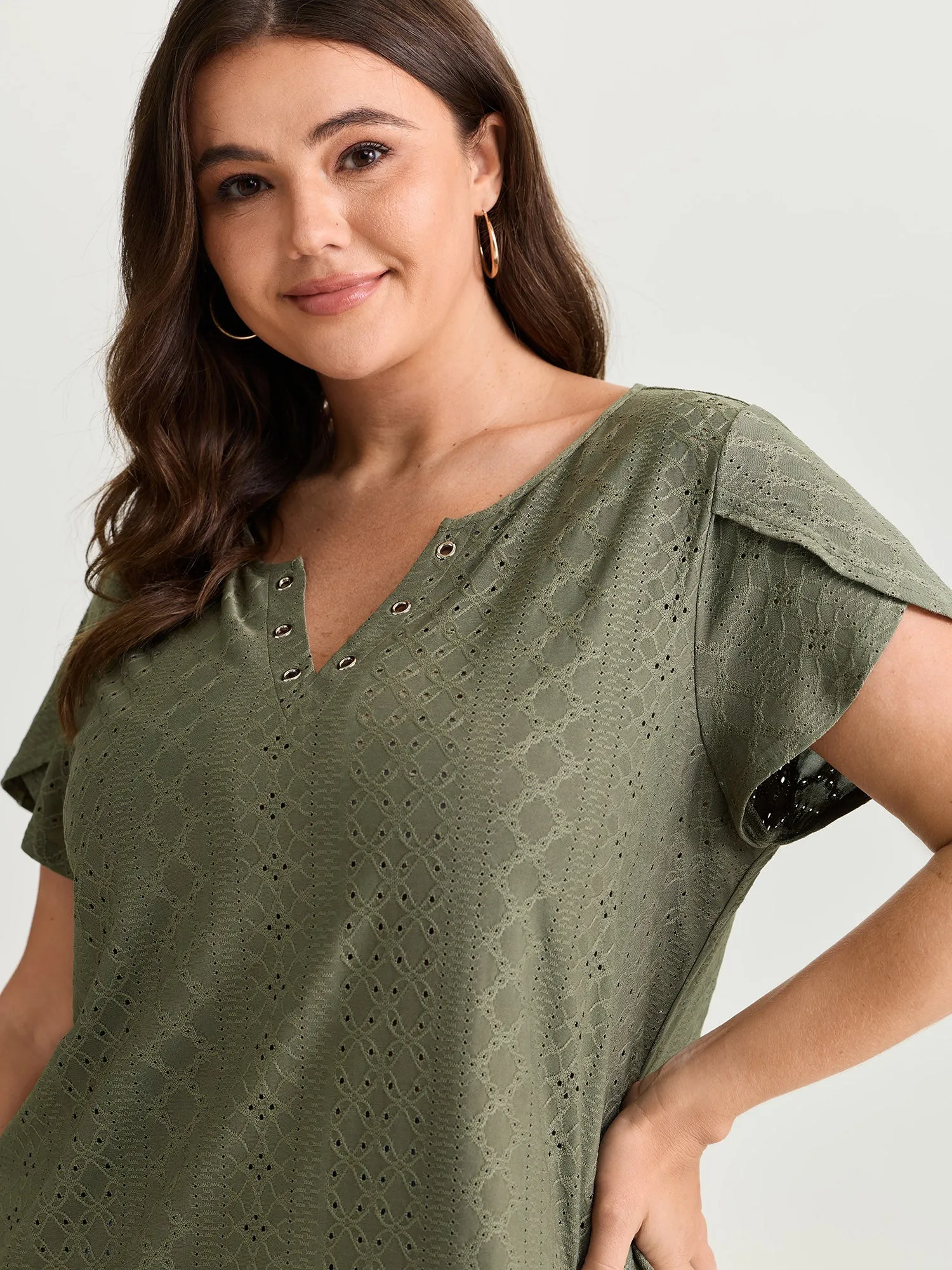 Eyelet Trim Split Neckline Knit Top sold by Bloomchic product image thumbnail 2