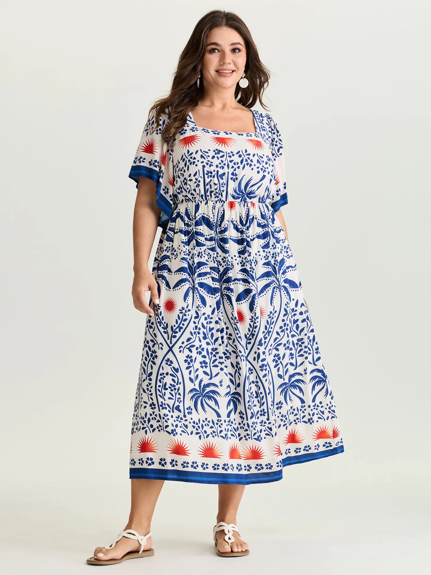 Tropical Print Flared Half-Sleeve Midi Dress sold by Bloomchic product image thumbnail 3
